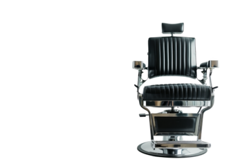 Black vintage barber chair isolated on white background, perfect for barbershop, hair salon, and grooming service themes.