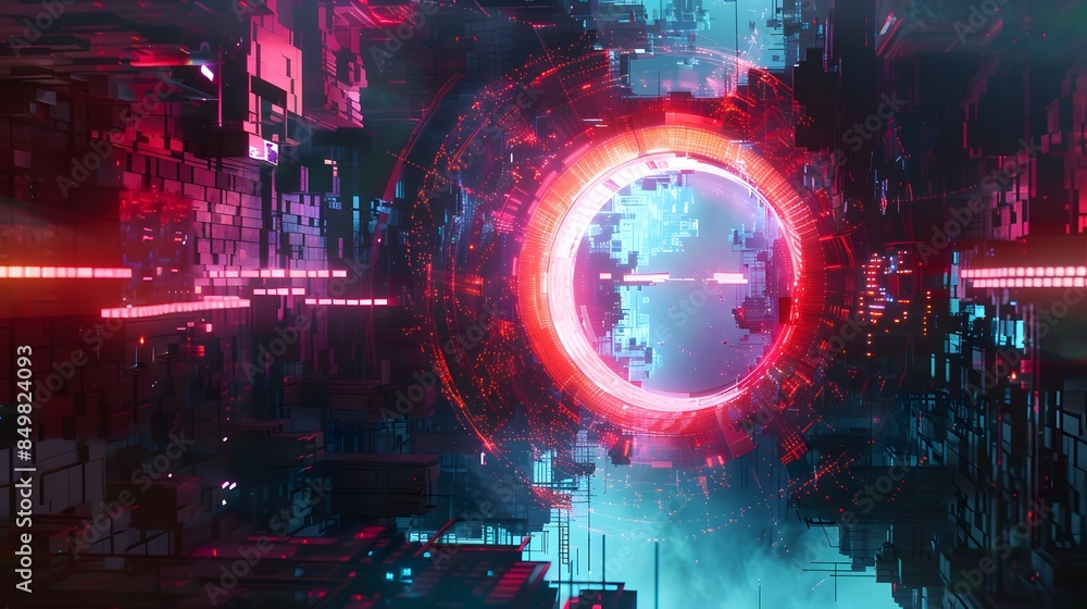 Poster glitch circle. distorted glowing circle cyberpunk style. futuristic round shape with tv interference