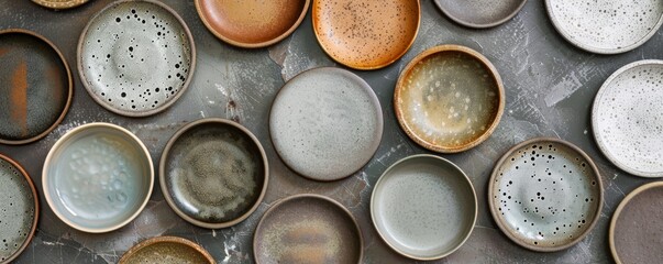 Close-up of various circular ceramic plates on a textured surface