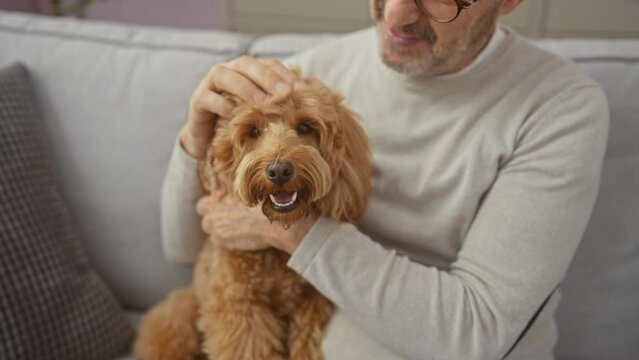 A middle-aged man in glasses affectionately pets his happy poodle indoors, providing a warm and cozy home setting.