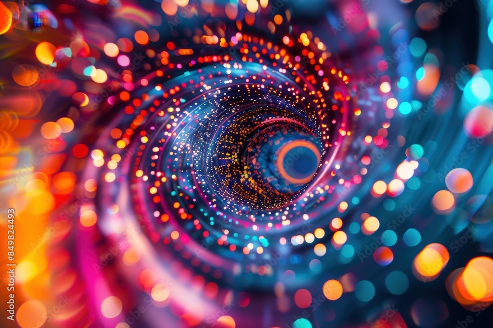 Poster abstract spiral of glowing light particles with colorful bokeh, time tunnel background. abstract fut