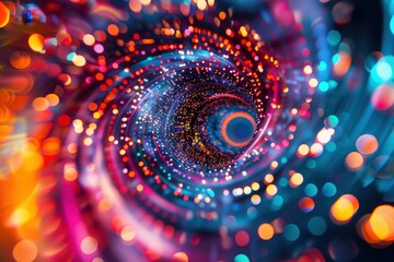 Abstract spiral of glowing light particles with colorful bokeh, time tunnel background. Abstract futuristic psychedelic background