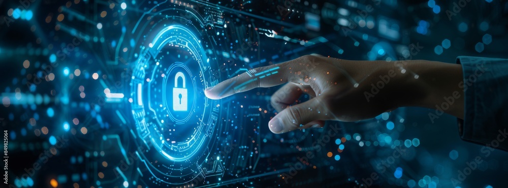 Poster closeup of an advanced security system with digital interface and lock symbol
