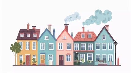 Cute houses, city buildings in Scandinavian style. Cozy town panorama with home exteriors, Scandi architecture. Urban street with chimneys, smoke. Flat vector illustration isolated on white background