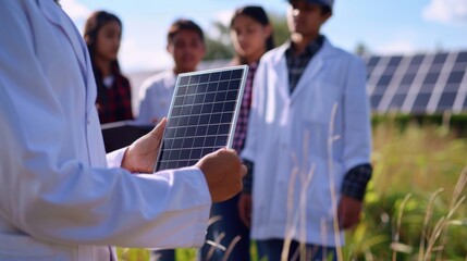 Closeup of a scientist holding a solar cell and explaining its function to a group of students.