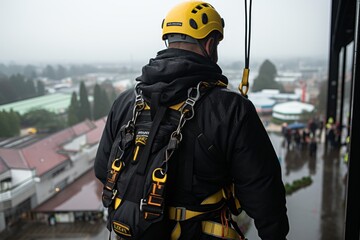 Obraz premium Industrial rope access technician wearing safety harness hanging from the building and cleaning windows with a squeegee on a cloudy day. High-rise buildings in the background