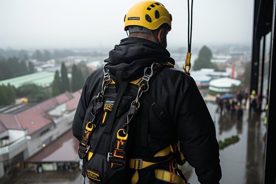 Industrial rope access technician wearing safety harness hanging from the building and cleaning windows with a squeegee on a cloudy day. High-rise buildings in the background