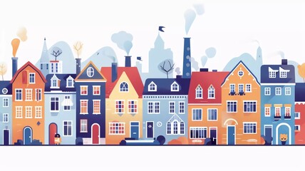 Cute houses, city buildings in Scandinavian style. Cozy town panorama with home exteriors, Scandi architecture. Urban street with chimneys, smoke. Flat vector illustration isolated on white background