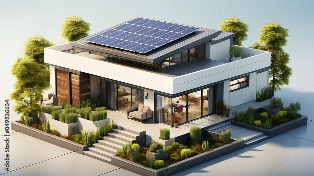 Poster Aerial view of a small minimalist house with a flat roof, rooftop solar panels, and a small skylight, emphasizing the clean and efficient design, set against a white background. Clipart Flat color