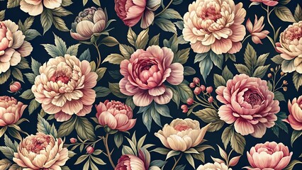 Vintage peony flower pattern on dark background, peony, flower, vintage, pattern, retro, dark, background, botanical