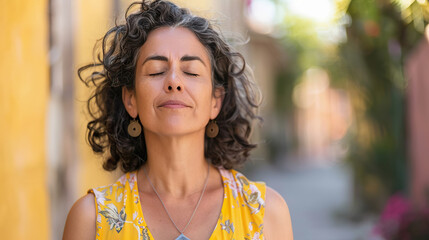 Serious Hispanic Mature Woman Standing on Urban Street in Sunlight