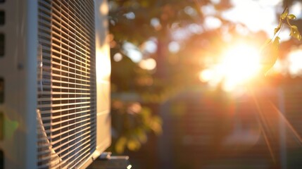 A closeup of a solar panel powering an air conditioning unit with the bright sun shining down on it.