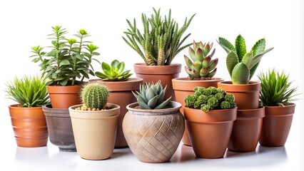 Collection of beautiful plants in ceramic pots isolated on background, plants, ceramic pots, collection, beautiful