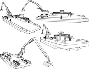 Vector illustration sketch of industrial crane pontoon boat design for dredging mud in rivers