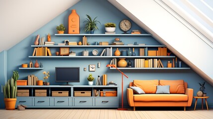 Storage solutions in a small minimalist house, including built-in shelves and cabinets, designed to maximize space, isolated against a white background. Clipart Flat color illustration, Isolate on