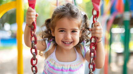 Little girl smiling while swinging on a playground swing, colorful play equipment around.