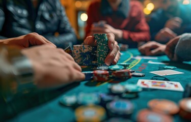 Fototapeta premium Group of people playing poker at a casino table with chips and cards fun night out with friends and gambling excitement