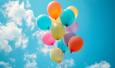 Naklejka premium Bunch of colorful helium balloons are floating high up in blue sky,Generative AI