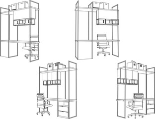 Vector illustration sketch of work desk design drawing with file cabinet and office chair