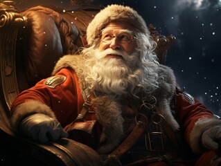 Obraz premium Santa Claus seated in a sleigh with reindeer, holding the reins and looking ready for takeoff, with a starry night sky in the background, highlighting the magic of his Christmas Eve journey. 3d