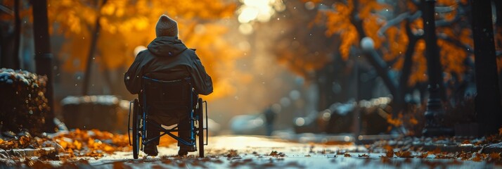 An individual in a wheelchair is depicted from the back on a path lined with autumn trees, with golden leaves falling and sunlight streaming through in a serene outdoor setting