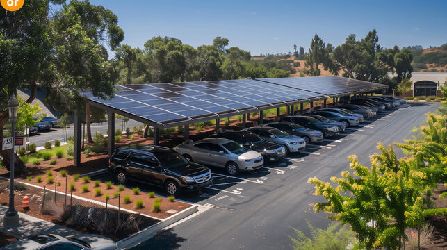 solar panels as shade for cars in parking lot, eco friendly green energy