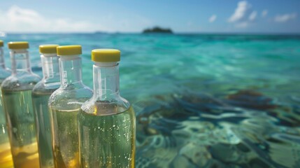 Obraz premium A research team analyzing water samples in a solarpowered lab at their station located on a tiny tropical island surrounded by shimmering turquoise waters.