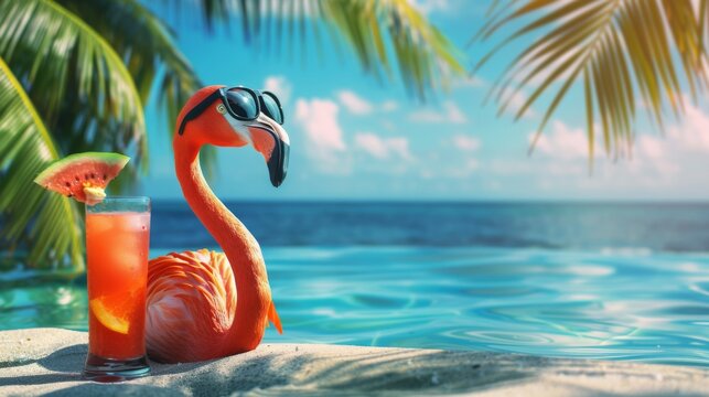 Bright flamingo bird in sunglasses with cocktail on the beach , pool , palm trees 
