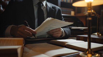 A lawyer, acting as legal advisor and businessman, reviews business contracts within legal processing books to ensure accuracy in the documentation, focusing on joint financial investment details