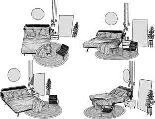 Vector illustration sketch of simple modern minimalist bedroom interior design