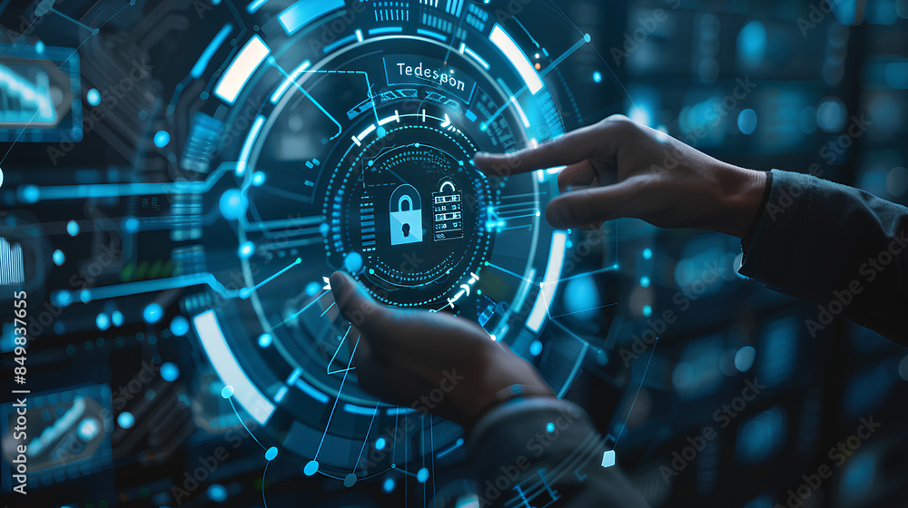 Poster businessman holding backup icon and global network with analyzing technological data, data security,