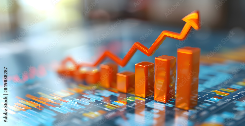 Poster a graph with orange bars and a red arrow pointing upwards