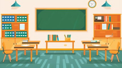 Fototapeta premium School Classroom Interior Room Blackboard Furniture Flat Design Vector which is very beautiful