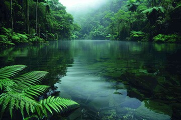 Fototapeta premium A stunningly serene tropical rainforest scene with lush greenery and a tranquil river reflecting the surrounding foliage and distant misty mountains