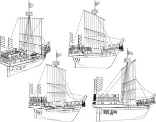 Vector illustration sketch of viking model battle sailing ship design drawing