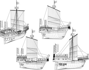 Vector illustration sketch of viking model battle sailing ship design drawin