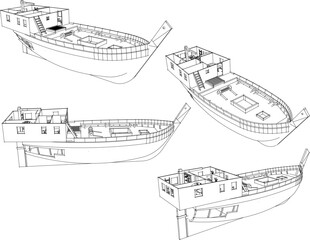 Vector illustration sketch of viking model battleship building design drawing