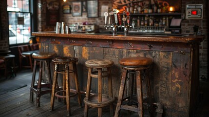Rustic and cozy bar interior with wooden stools and a variety of drinks on tap, capturing the warm ambiance and inviting atmosphere of the establishment