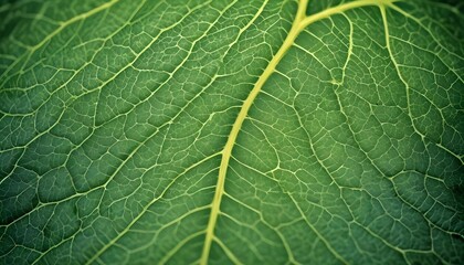 Fototapeta premium Tight close-up photograph emphasizing the intricate vein network and the rich, multilayered texture of a verdant green leaf
