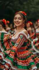 Fototapeta premium A young woman smiling joyfully while participating in a traditional festive cultural dance, wearing colorful and intricate traditional attire with vibrant patterns