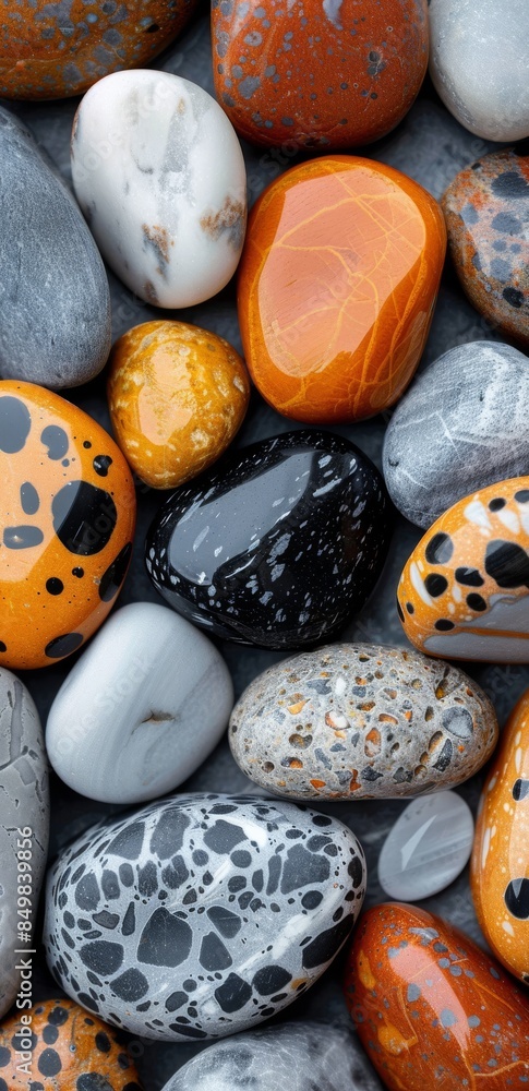 Poster close-up of colorful pebbles with unique patterns in various shapes and sizes