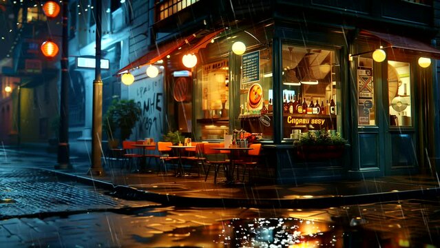 Evening restaurant with bright lighting, warm ambiance, and relaxing atmosphere. Seamless loop time-lapse animation background.
