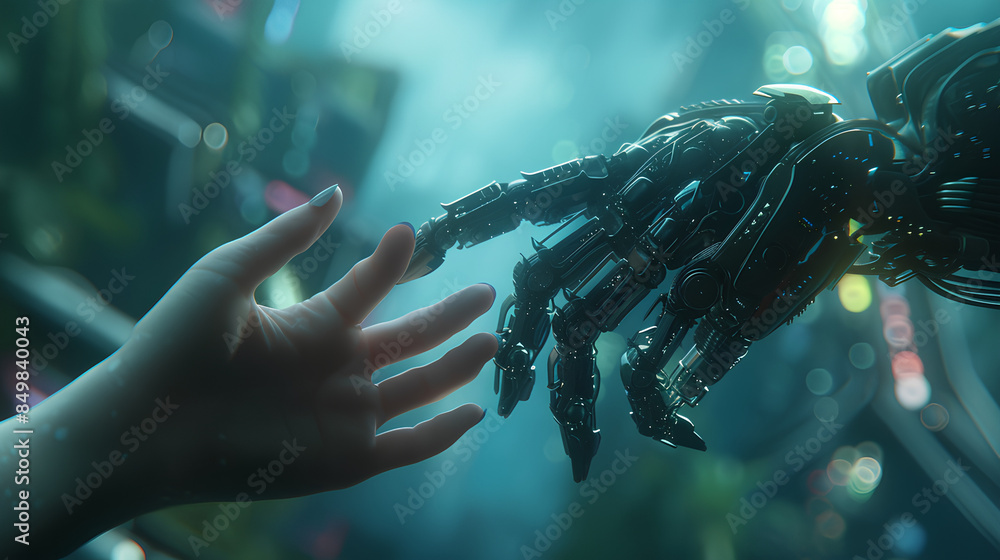 Poster hands of robot and human touch customer support of global networking, integration of artificial inte