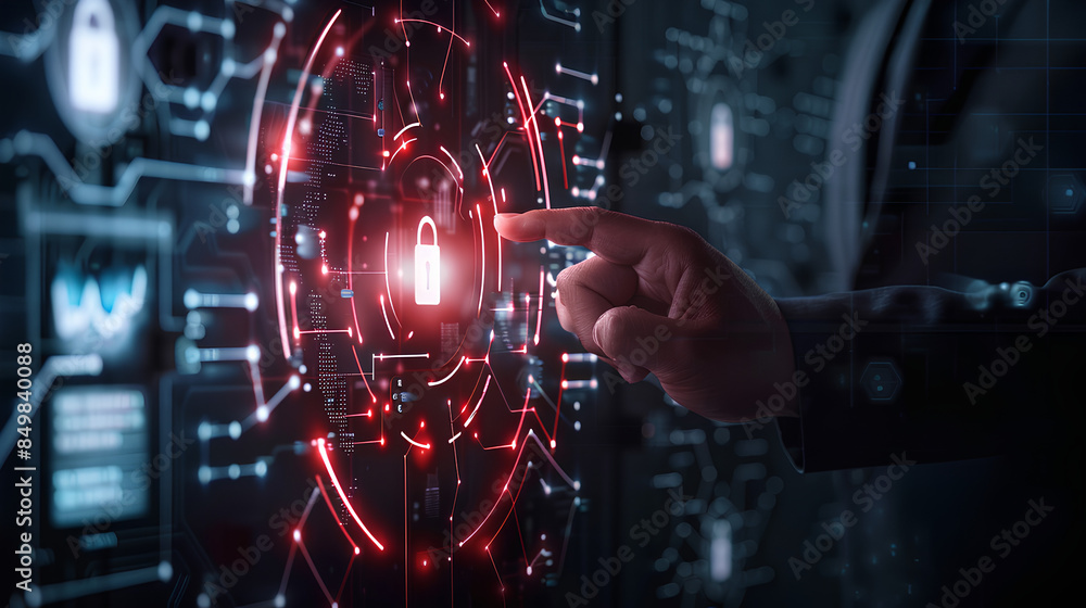 Poster businessman pointing with cybersecurity icon and technological business data network. ensuring data 