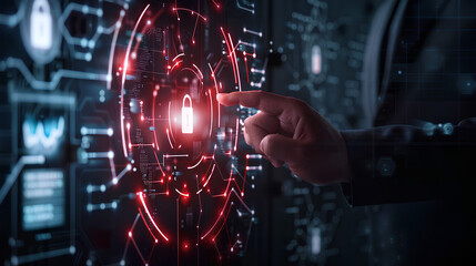 Businessman Pointing with Cybersecurity Icon and Technological Business Data Network. Ensuring Data Protection, Threat Detection, Risk Management