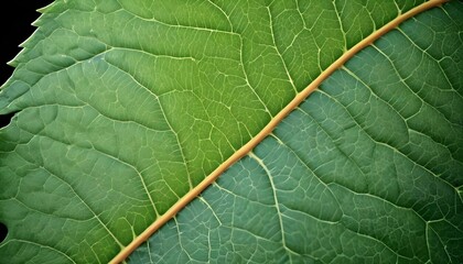 Fototapeta premium Tight close-up photograph emphasizing the intricate vein network and the rich, multilayered texture of a verdant green leaf