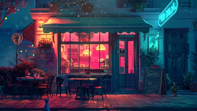 Lofi cafe at night with tranquil and relaxed atmosphere for background music. Seamless looping time-lapse animation background.