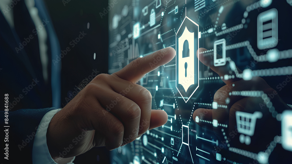 Poster businessman pointing with cybersecurity icon and technological business data network. ensuring data 