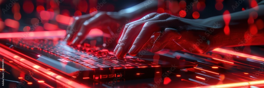 Poster close up of hands man using modern computer surfing internet futuristic innovative technology backgr