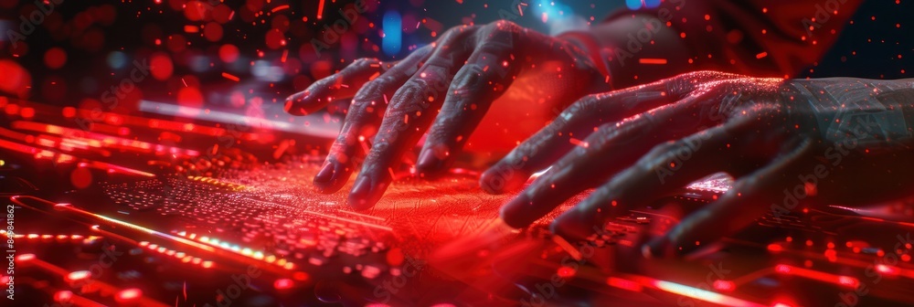 Poster close up of hands man using modern computer surfing internet futuristic innovative technology backgr